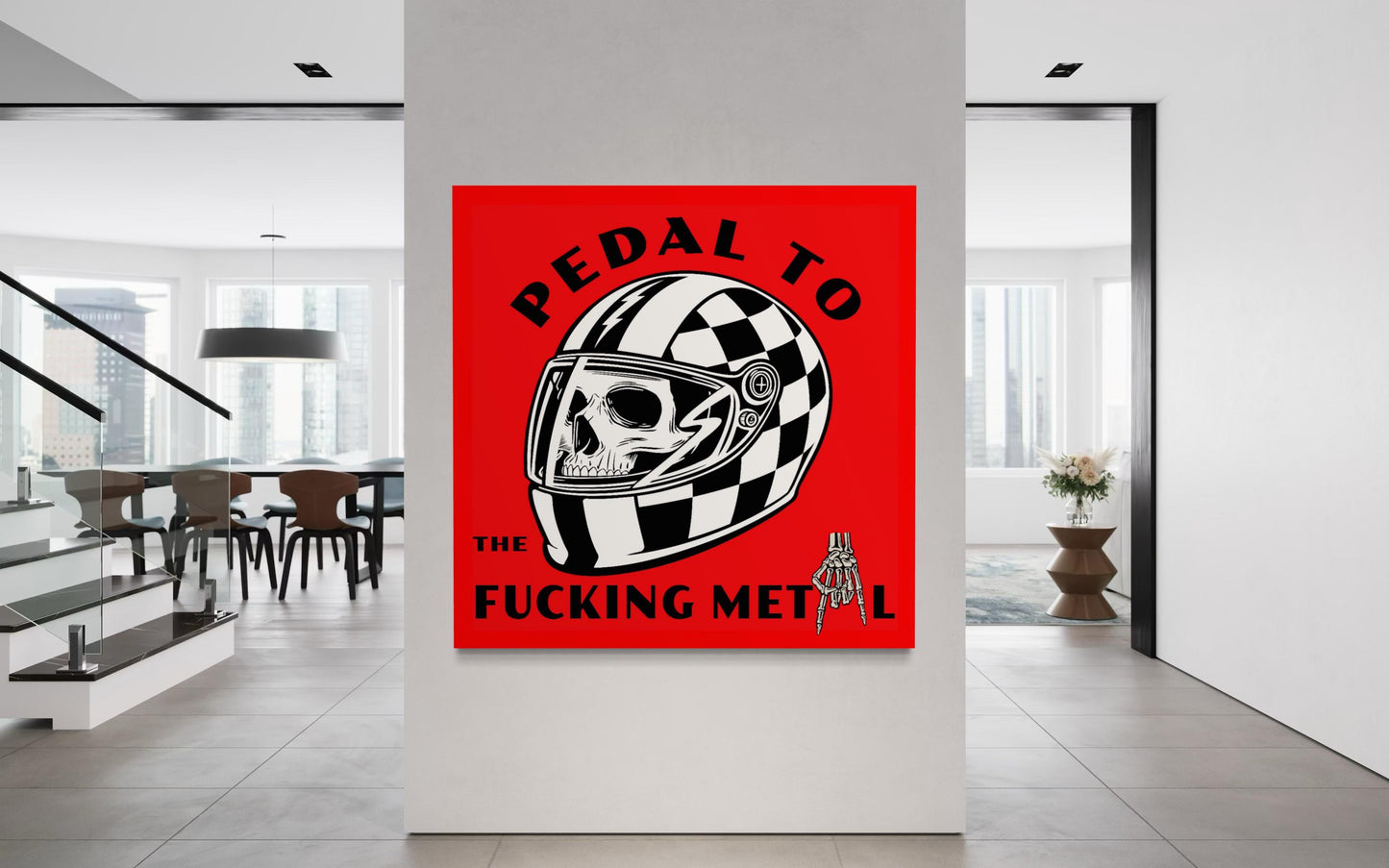 Pedal to the F***ing Metal – Racing Skull Helmet Art Print | Bold Red Checkered Moto Wall Art