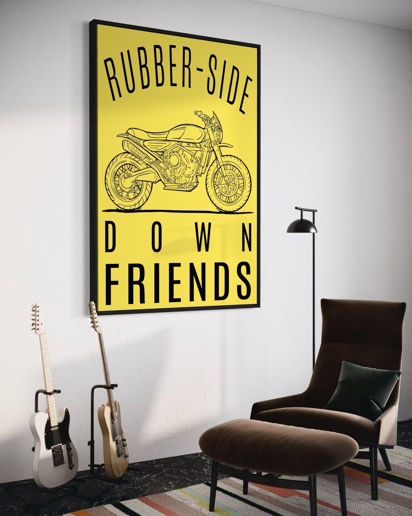 Rubber-Side Down, Friends β Motorcycle Line Art Poster | Bold Yellow Garage Wall Art