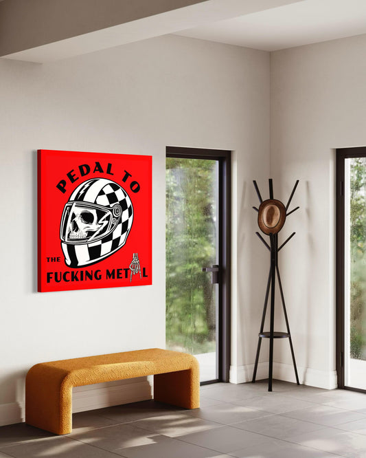 Pedal to the F***ing Metal – Racing Skull Helmet Art Print | Bold Red Checkered Moto Wall Art