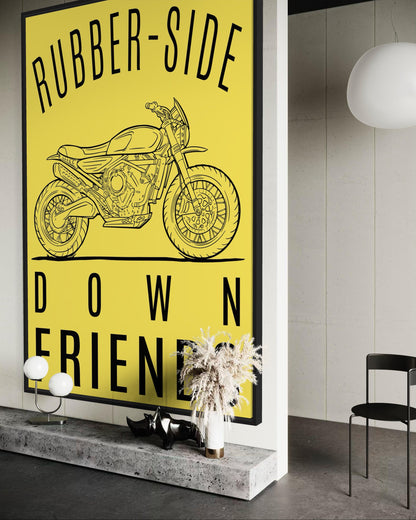 Rubber-Side Down, Friends — Motorcycle Line Art Poster | Bold Yellow Garage Wall Art