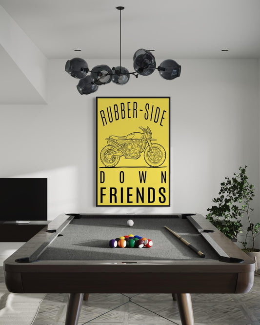 Rubber-Side Down, Friends — Motorcycle Line Art Poster | Bold Yellow Garage Wall Art