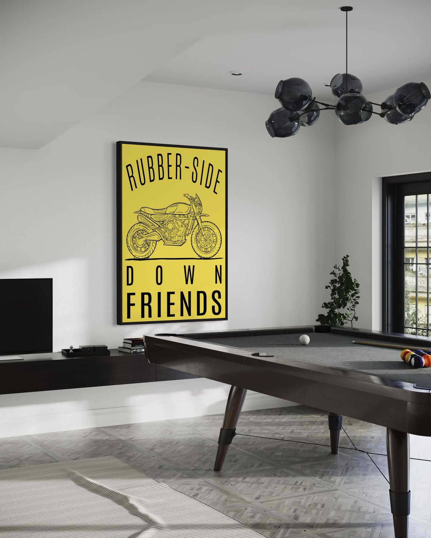 Rubber-Side Down, Friends — Motorcycle Line Art Poster | Bold Yellow Garage Wall Art