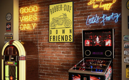 Rubber-Side Down, Friends — Motorcycle Line Art Poster | Bold Yellow Garage Wall Art