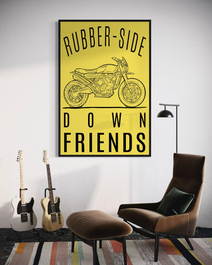 Rubber-Side Down, Friends — Motorcycle Line Art Poster | Bold Yellow Garage Wall Art